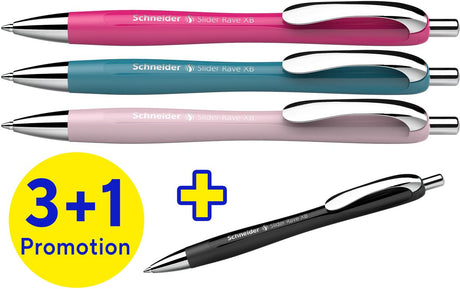 Schneider schrijfwaren schneider balpen - slider rave trend - penpunt xb - assorti doos 3 + 1 gratis - s-132564