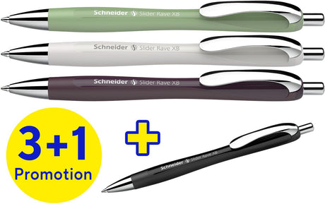 Schneider schrijfwaren schneider balpen - slider rave trend - penpunt xb - assorti doos 3 + 1 gratis - s-132684