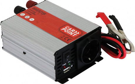 Carpoint omvormer 12v naar 230v – 300w continu 600w piek – usb 5v 2,1a – inclusief accuklemmen – beveiligd tegen kortsluiting oververhitting