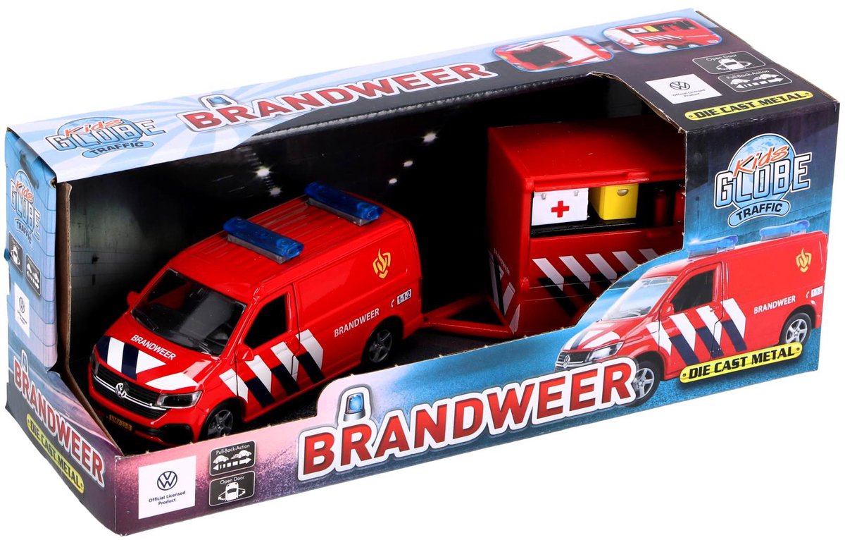 Kids globe vw transporter brandweer met aanhangwagen