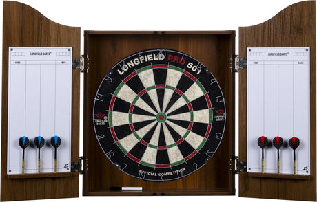 Engelhart longfield darts - houten dartkabinet bruin met dartbord – inclusief 6 steeltip pijlen - whiteboard + marker - wedstrijdbord – dartkabinet - bruin - houten kabinet – dartset - beschermt de muur - makkelijk te installeren