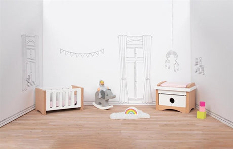 Goki poppenhuismeubeltjes: design kinderkamer, 12-delig, 10,2x6x5,5cm (bed), beukenhout en stof, 3+