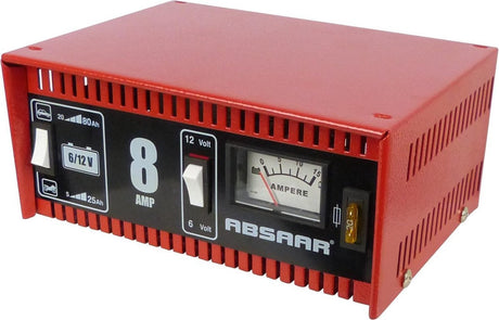 Absaar acculader 6v 12v – 8a laadstroom – 5-80ah – voor loodzuur agm accu’s – inclusief accuklemmen
