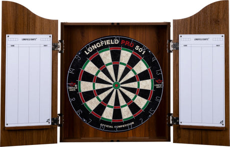 Engelhart houten cabinet met dartbord – inclusief 6 steeltip pijlen, whiteboard marker – beschermt muur en dartbord – wedstrijdbord – bruin hout fineer – longfield