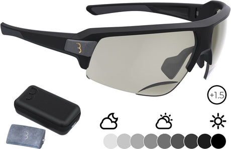 Bbb cycling fietsbril op sterkte impulse reader ph - fietsbril meekleurende glazen - fietsbril heren en dames met fotochromatische glazen op sterkte - sportbril met leesgedeelte +1.5 - mat zwart - bsg-64ph one size