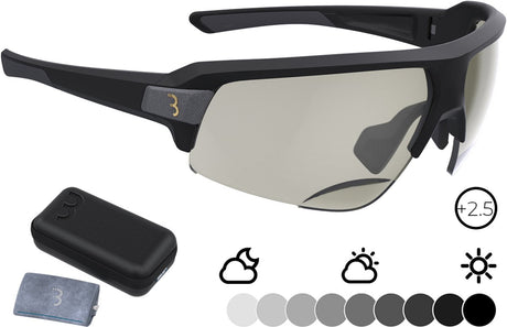 Bbb cycling fietsbril op sterkte impulse reader ph - fietsbril meekleurende glazen - fietsbril heren en dames met fotochromatische glazen op sterkte - sportbril met leesgedeelte +2.5 - mat zwart - bsg-64ph