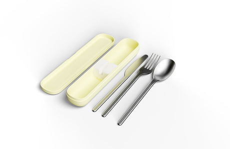 Amuse nello bestekset butter – premium rvs 18 10 – herbruikbaar – vork, mes lepel – vaatwasserbestendig – duurzaam bestek voor onderweg, werk camping – geel