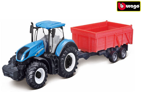 Bburago new holland t7.315 tractor + tipping trailer 10 cm blauw rood