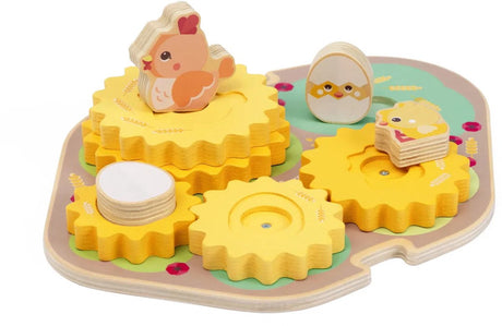Chicco toys houten kippenpuzzel met tandwielen - montessorispeelgoed