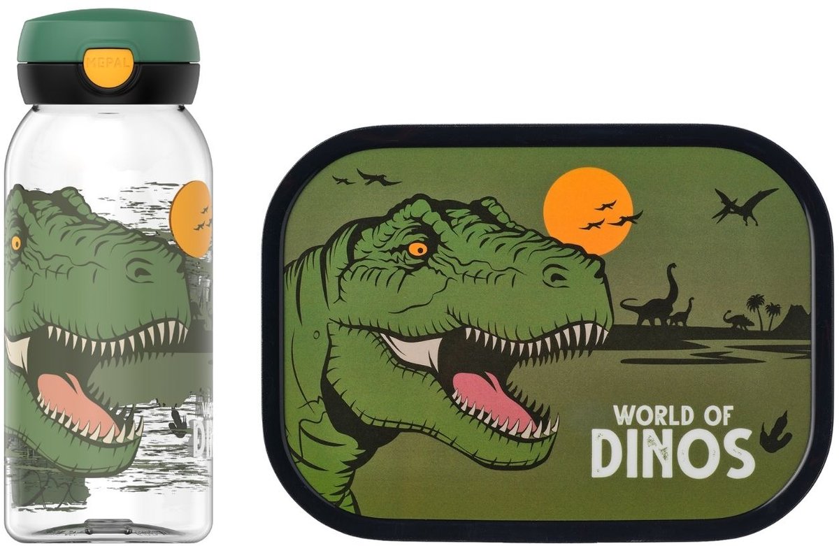Mepal lunchset (drinkfles met flipdop lunchbox) campus - 600 + 750 ml - broodtrommel en drinkbeker voor kinderen - bento box - drinkfles met flipdop - dino
