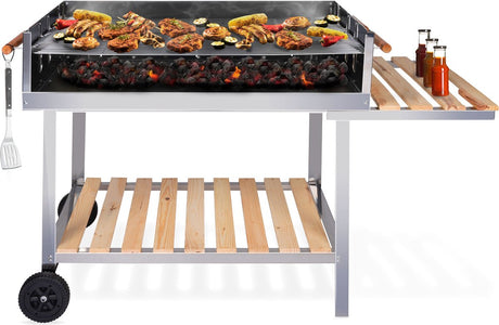 Bbq collection houtskool barbecue trolley met zijtafel grill op wielen rvs 2 roosters 98 x 56 x 85 cm