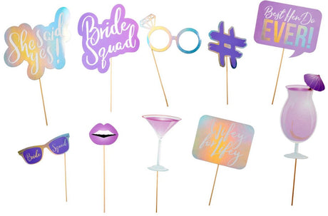 Party casa photobooth props bride squad - 10 stuks - vrijgezellenfeest decoratie - fotoprops op stokje - papier - ideaal voor bruiloftsfeestjes - lichtgewicht - paars