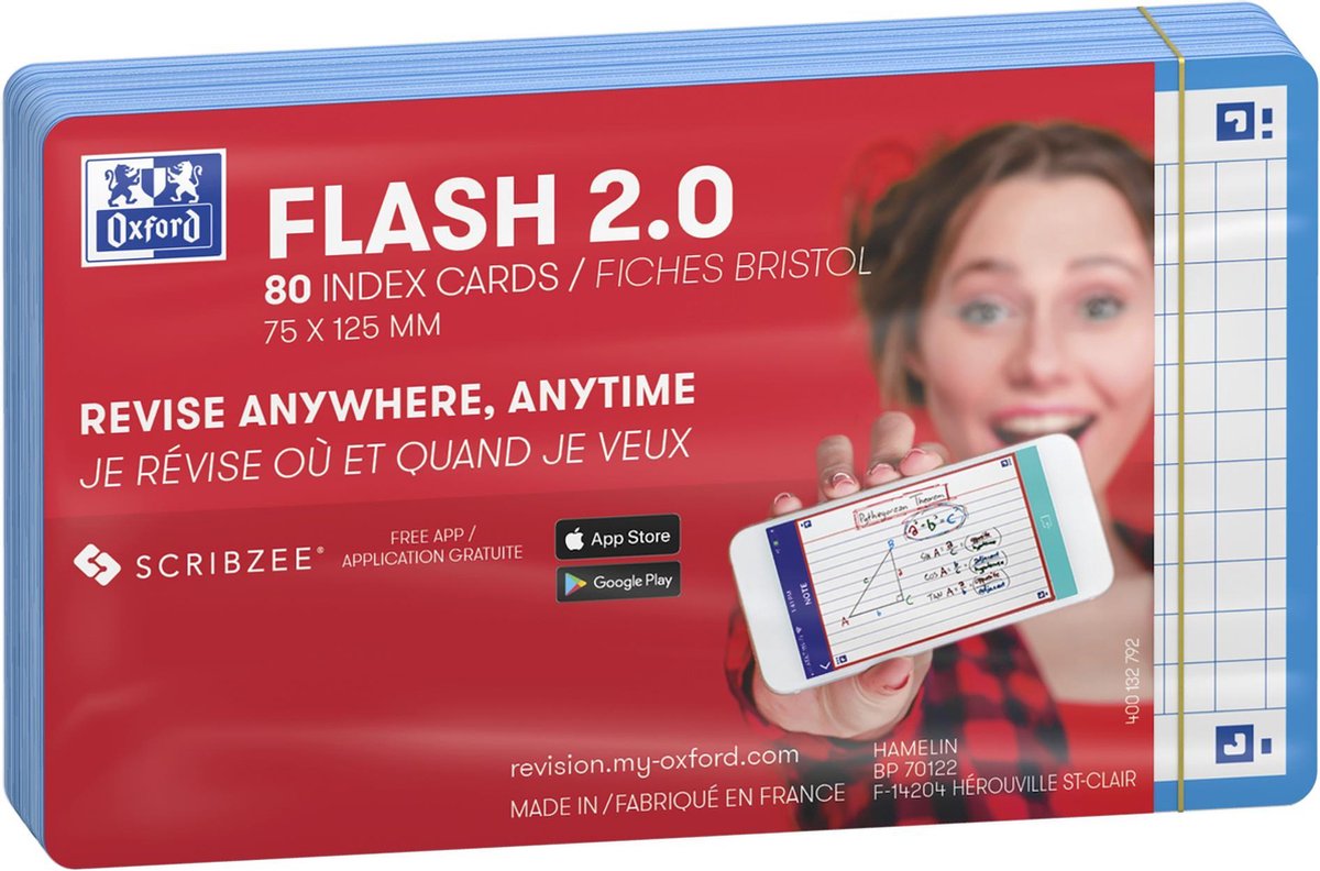 Oxford flash 2.0 - flashcards - geruit 5mm - a7 - turquoise rand - 80 stuks