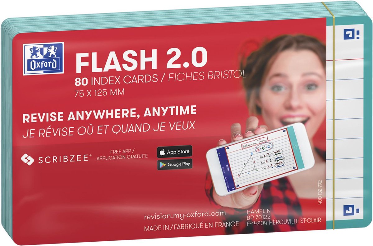 Oxford flash 2.0 - flashcards - gelijnd - a7 - mint groene rand - 80 stuks