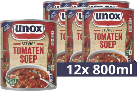 Unox soep in blik - stevige tomatensoep - gemaakt met soepballen van vlees, vermicelli en lekker veel groenten - 12 x 800 ml