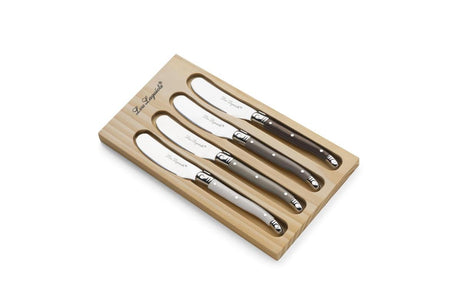 Lou laguiole ® 4-delige botermessenset multicolour in houten geschenk- en opbergdoos– peper grijs parelmoer taupe – 18 0 chroomstaal – iconische laguiole-bij- cadeauverpakking