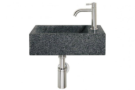Differnz cheops fonteinset - natuursteen grijs - inclusief koudwaterkraan, sifon en afvoerplug - kraangat aan de rechterzijde - gebogen chromen kraan - afmetingen 40 x 23 x 11 cm