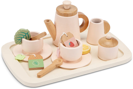 Woet ® houten theeservies roze - 16-delige theeset met dienblad, theepot, kopjes en theezakjes - rollenspel servies speelgoed - vanaf 2 jaar