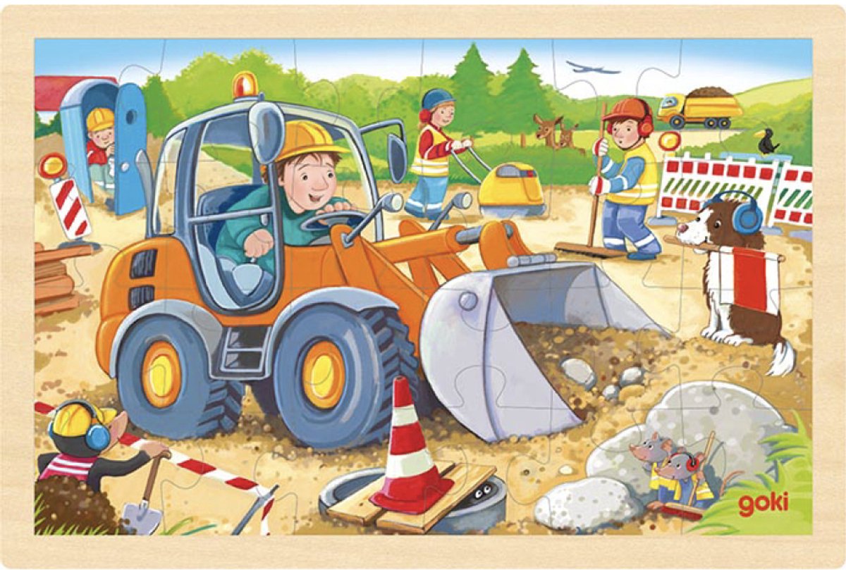Goki puzzel - wegenwerken - 24 stukjes - 30x20x0,8cm - hout - 3 jaar