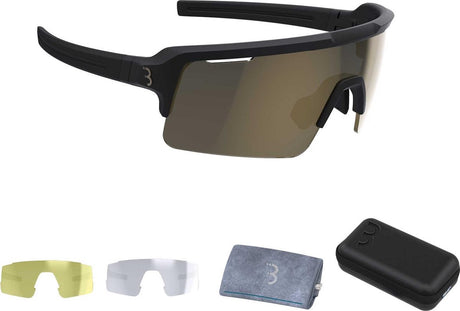 Bbb cycling fietsbril heren en dames fuse - fiets zonnebril met grote torische lens voor 100% uv bescherming - anti condens sportbril met 3 lichtgewicht lenzen en brillenkoker - mat zwart goud - bsg-65 one size