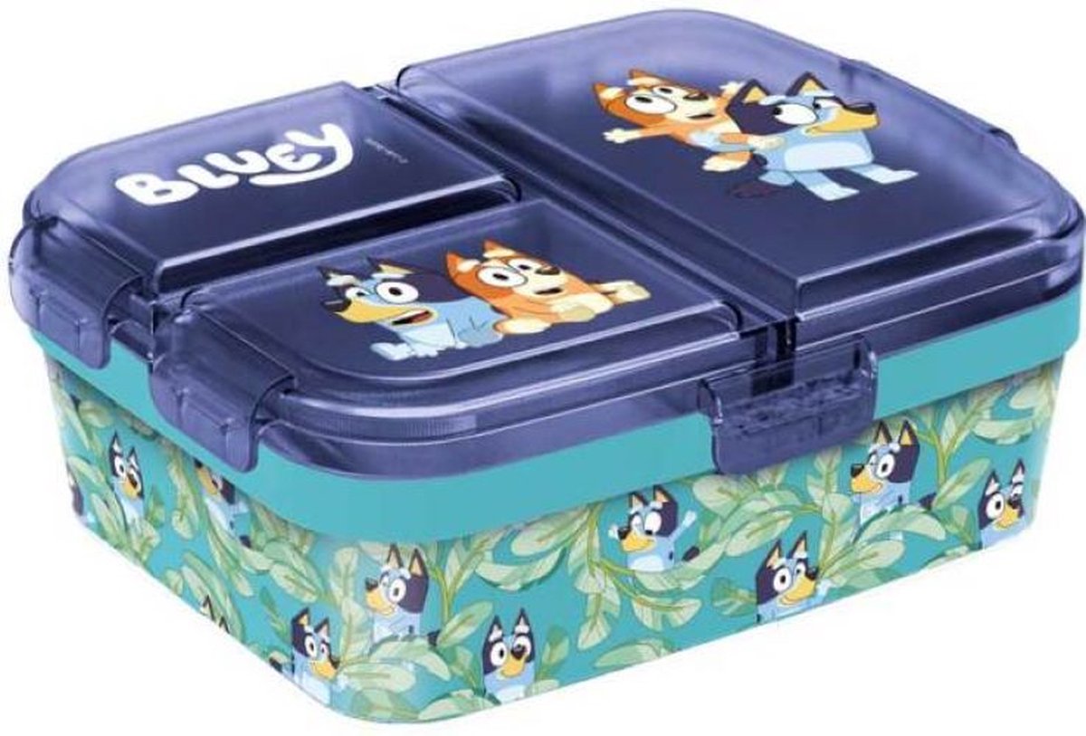 Stor bluey kinderlunchbox – broodtrommel met 4 vakken voor kinderen vanaf 4 jaar - vaatwasserbestendig bpa-vrij - blauw turquoise