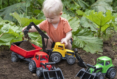 Plasto tractor met voorlader en aanhanger rood 57 cm - speelgoedvoertuig - complete set - grote tractor - stevig kunststof - gemaakt in finland - vanaf 1 jaar