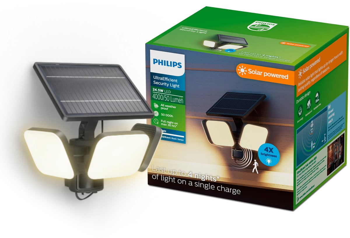 Philips led philips ultraefficient zyren wandlamp - solar beveiligingslamp - floodlight - bewegingssensor - helder wit licht: 3000k - 24,5w - zwart - twee lichtstanden - schemersensor - zonne-energie - waterbestendig