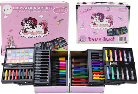 Lean toys unicorn art set 133-delig - complete knutselset in opbergkoffer - tekenen schilderen voor kinderen - tekenset - kleurset - hobby knutselset