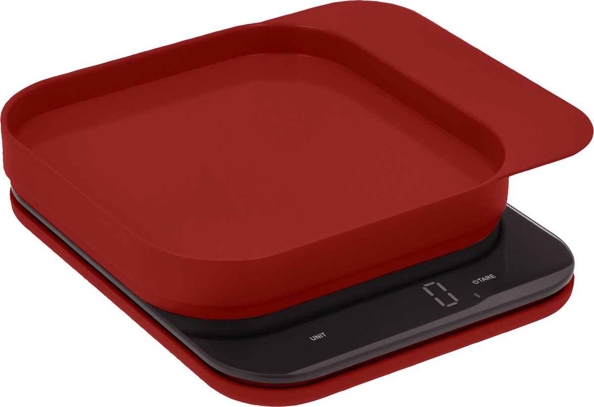 Rosti mensura keukenweegschaal rood - led display - materiaal abs - 300 ml inhoud - 5 jaar garantie - werkt op aaa-batterijen - vaatwasserbestendig