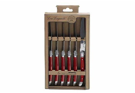 Lou laguiole messen set rustic vleeswaren rood metaal 6 stuks