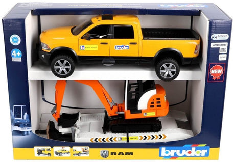 Bruder speelgoed ram verhuurservice met minigraafmachine bouwplaats.