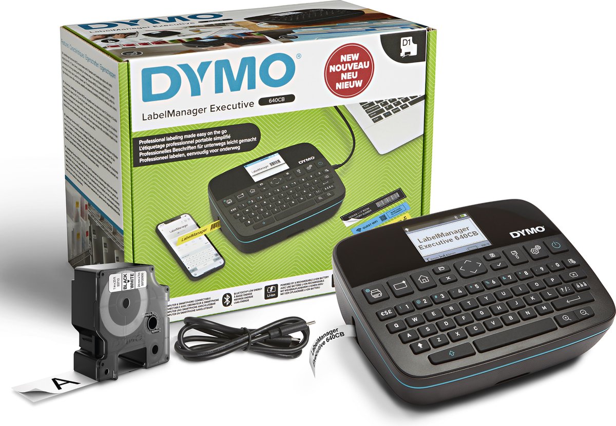 Dymo labelmanager executive 640 cb draagbare labelprinter | compacte labelmakermachine met qwerty-toetsenbord | bluetooth- en usb-connectiviteit | compatibel met d1 standaard en duurzame labels