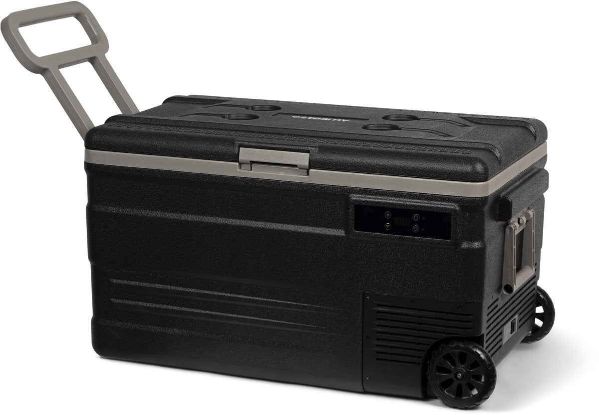 Steamy -e single zone roller elektrische compressor koelbox op wielen - single zone - 74 liter - 12v en 230v - voor auto en camping - zwart