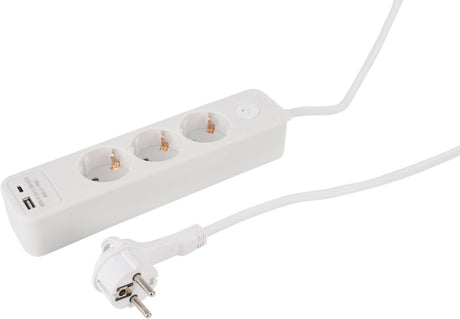 Q-link stekkerdoos met randaarde - 3-voudig - platte stekker - 2 usb-poorten (usb-a en usb-c) - snoerlengte 1,5 meter - kabeldikte 3 x 1,5 mm² - maximaal 3680 watt - kleur wit
