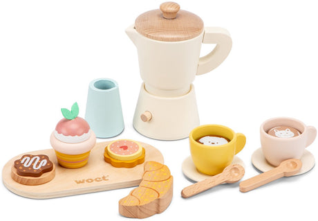 Woet ® houten percolator koffieset - 17-delige set inclusief kopjes, serveerplank, croissant, muffin en koekjes - rollenspel keukenspeelgoed - winkeltje spelen - barista speelgoed - vanaf 3 jaar