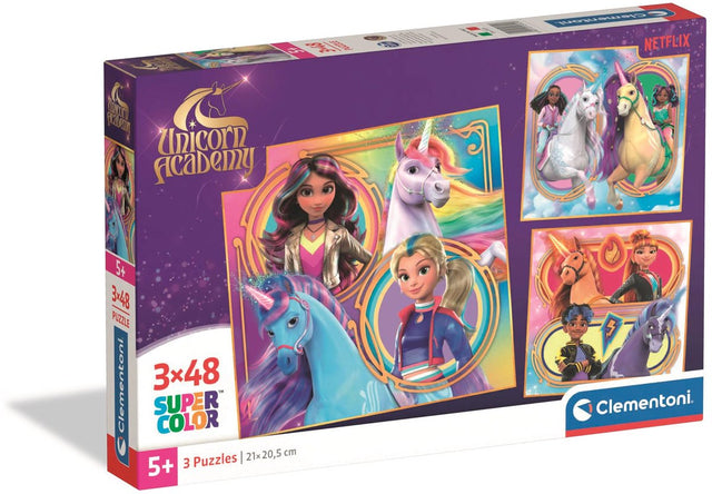 Clementoni - puzzel - unicorn academy - 3 x 48 stukjes - super color - vanaf 5 jaar