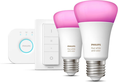 Philips hue starterspakket e27 lichtbron met bridge en dimmer switch - white and color ambiance - 2 x 9w - bluetooth