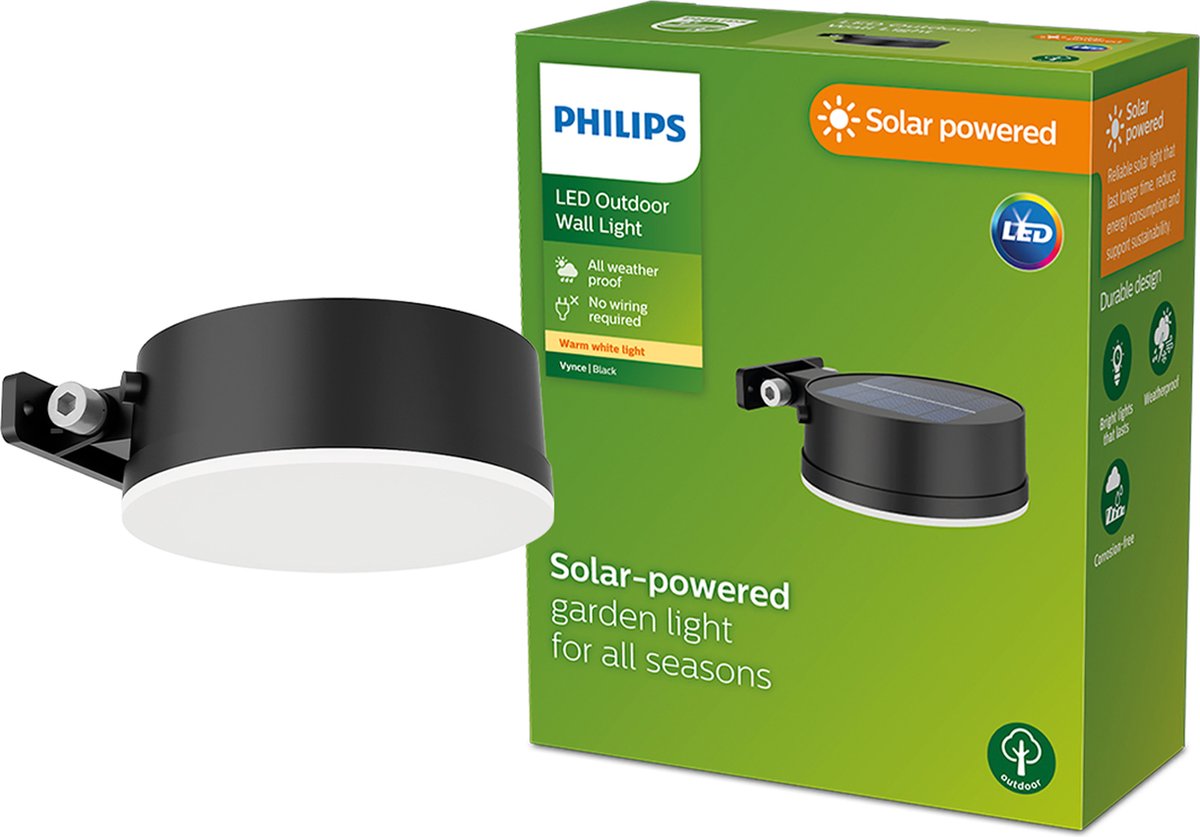 Philips led philips vynce solar wandlamp rond - zwart