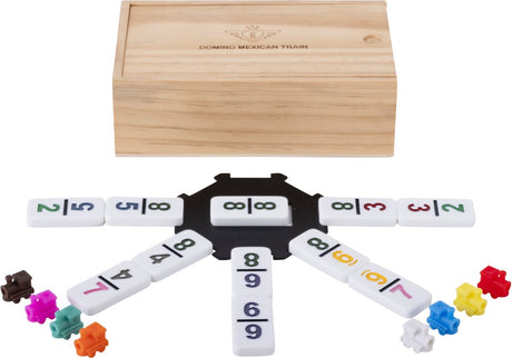 Engelhart domino dubbel 9 mexican train – 55 stenen met gekleurde cijfers – 50 x 25 mm – inclusief station treintjes – houten kist met schuifdeksel –