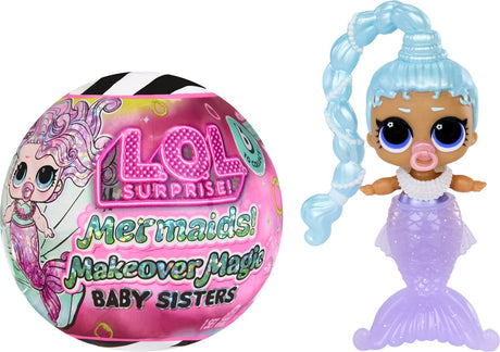 L.o.l. surprise! l.o.l. surprise mermaids! makeover magic baby sisters met zeemeerminstaarten die van kleur veranderen en een displaybol met schelpenthema, verzamelpoppen, voor kids van 4+