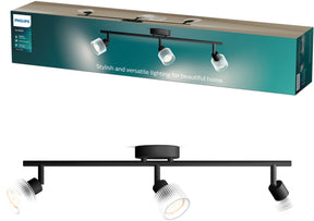 Philips horen opbouwspot - led gu10 fitting - richtbaar - 3 lichtpunten - clickfix - zwart met geribbeld glas