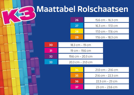 K3 - rolschaatsen - maat 34 37 - verstelbaar in 4 maten - met stopper - wit - regenboog - met wieltjes in 4 kleuren