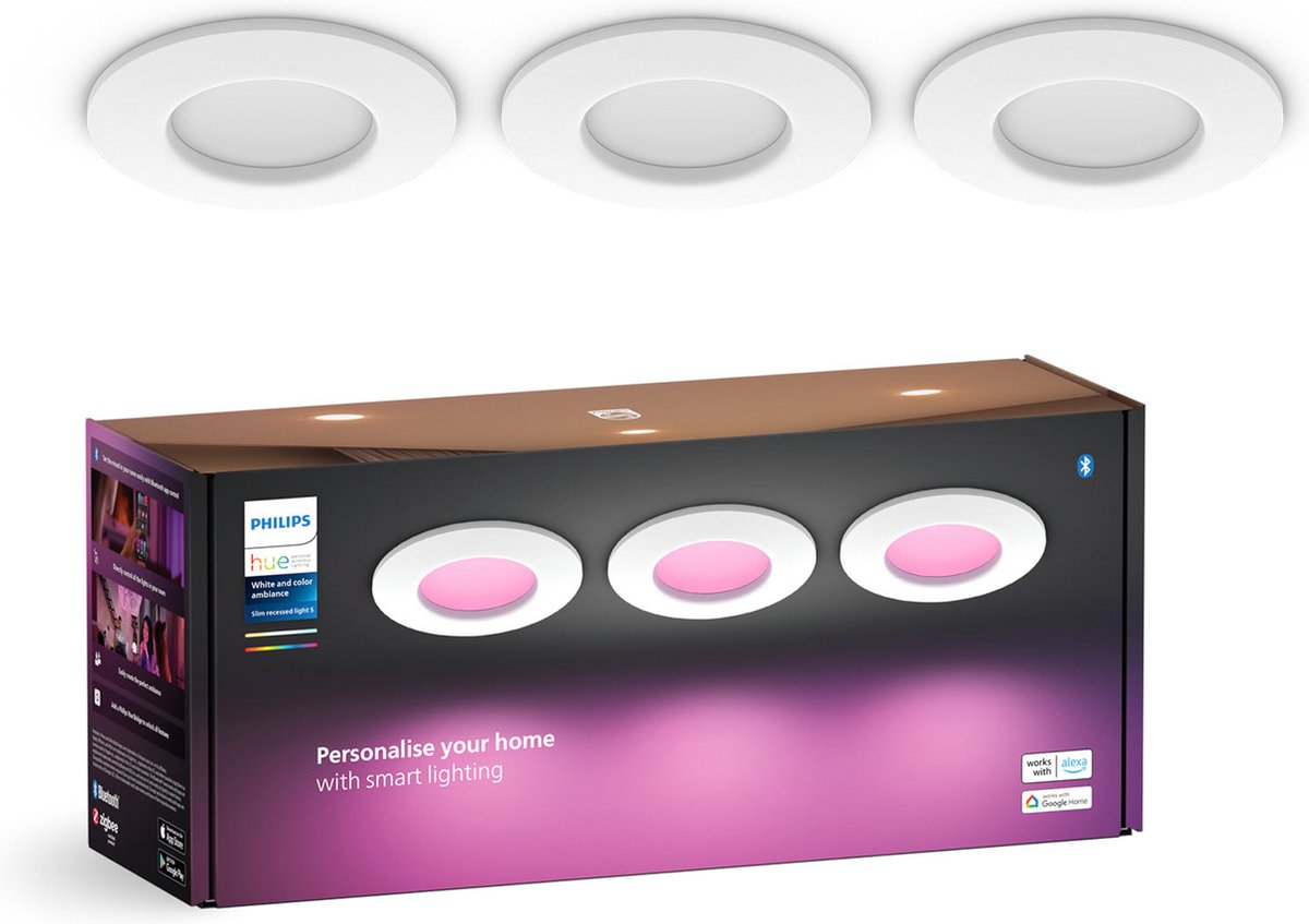 Philips hue inbouwspot dun - wit en gekleurd licht - 3 lampen - ø90mm - wit