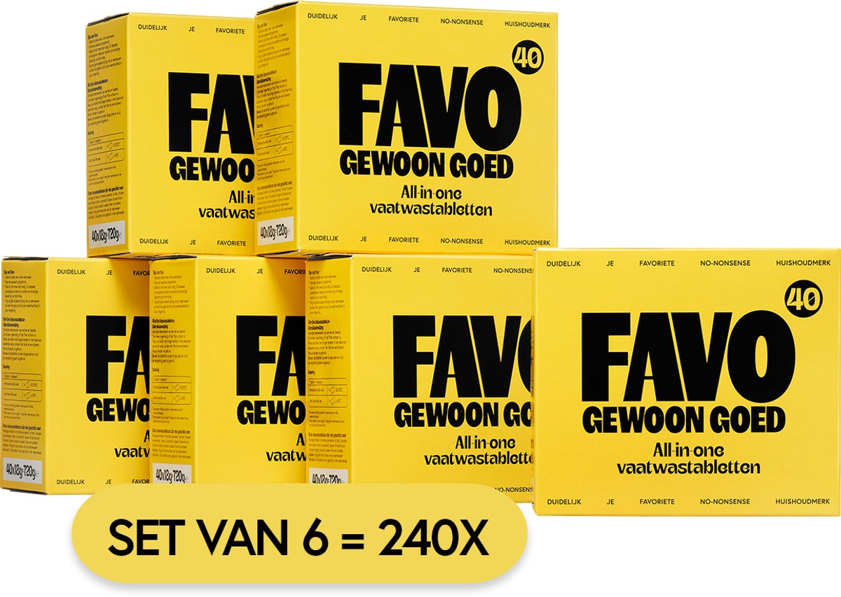 Favo gewoon goed favo vaatwastabletten all-in-one - 6 x 40 capsules = 240 stuks - extra schoon extra glans - voordeelverpakking