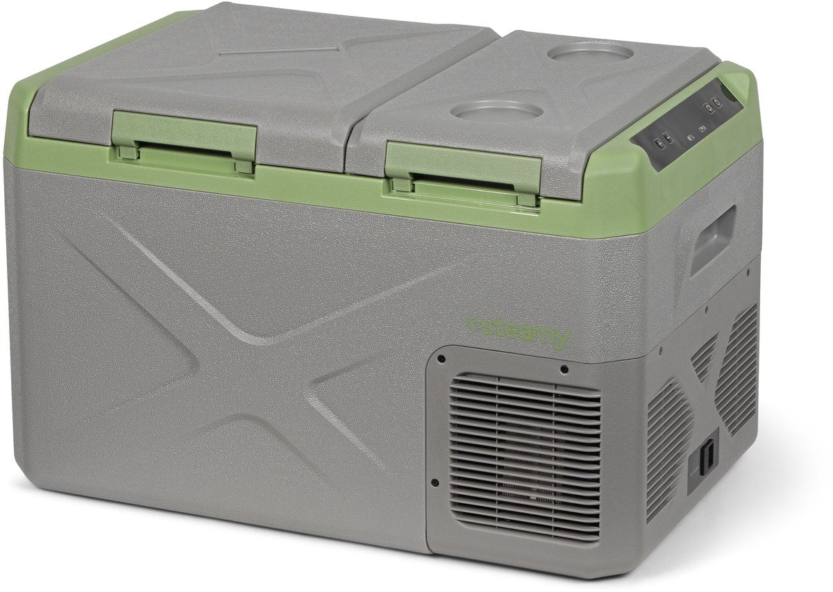 Steamy -e elektrische compressor koelbox - dual compartment - tegelijk koelen en vriezen - 24 liter - 12v en 230v - voor auto en camping - grijs