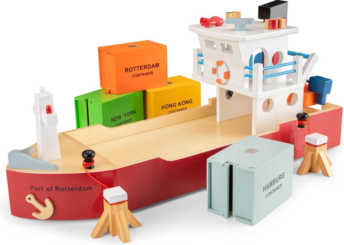 New classic toys ® grote houten speelgoed containerboot - inclusief 4 containers