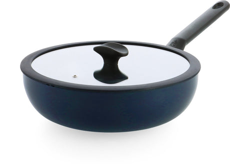Bk enjoy wokpan 28cm – 4.2l – pfas-vrije antikleeflaag – wokpan inductie – keramische pan - ovenbestendig tot 160°c – koudgrepen - met glazen deksel - oxford blue