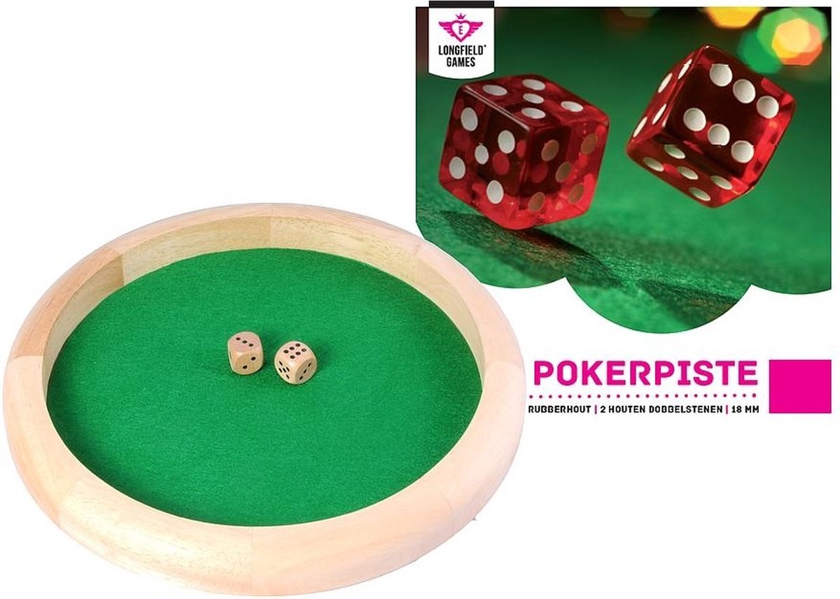 Longfield pokerpiste 29 cm - rubberhout - ingelegd groen vilt - inclusief 2 houten dobbelstenen 18 mm - poker dobbel accessoire - engelhart