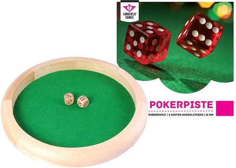 Longfield pokerpiste 29 cm - rubberhout - ingelegd groen vilt - inclusief 2 houten dobbelstenen 18 mm - poker dobbel accessoire - engelhart