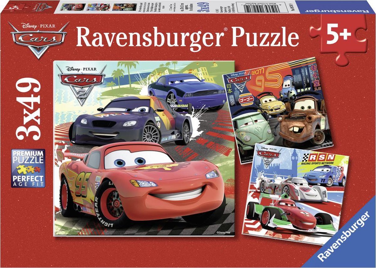 Ravensburger disney cars. wereldwijde race pret- drie puzzels van 49 stukjes - kinderpuzzel